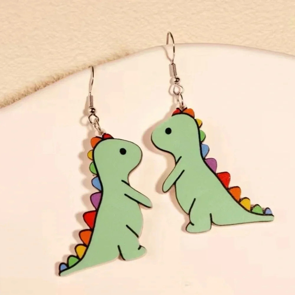 Rainbow Spiked Green Dinosaur Cartoon Acrylic Dangle Earrings Kawaii NEW